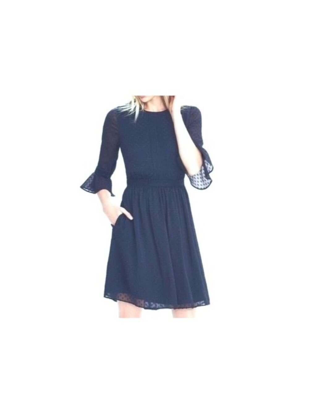 Banana Republic Navy Blue Swiss Dot Chiffon Dress with Pockets Size 10 Office‎